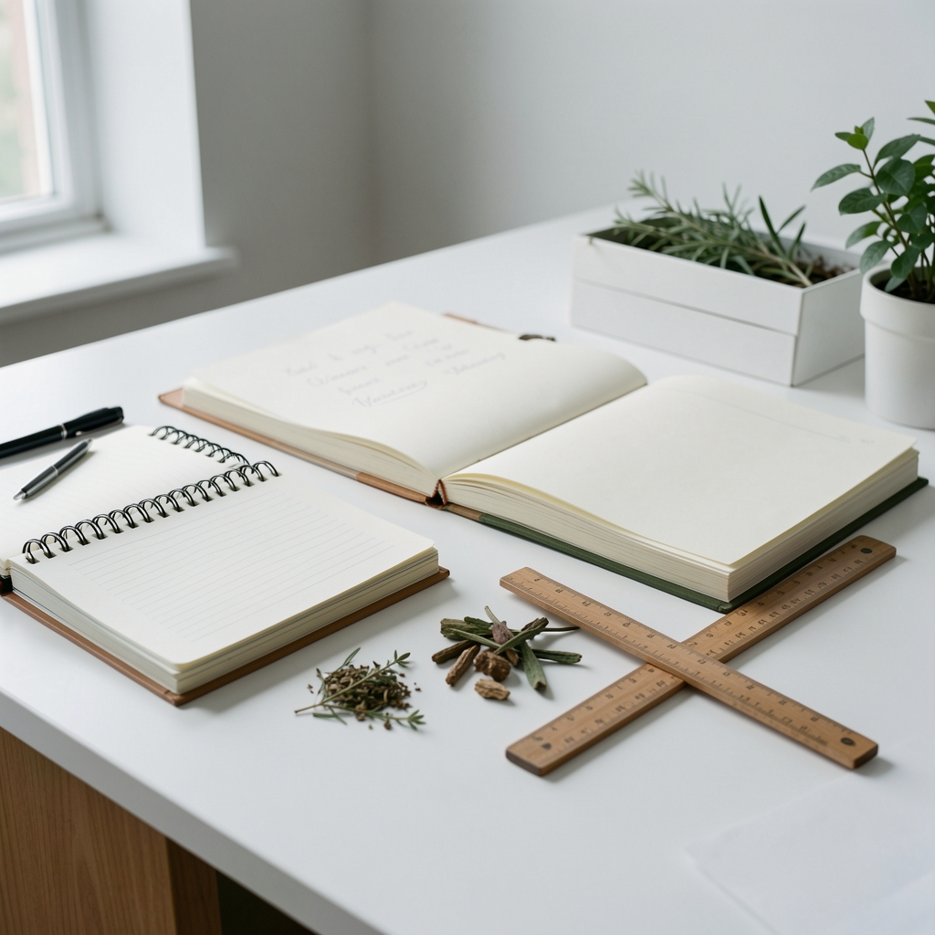 Heller, geordneter Arbeitsbereich mit Notizbüchern, botanischen Proben und einem Holzlineal auf einem weißen Tisch, analytische Atmosphäre