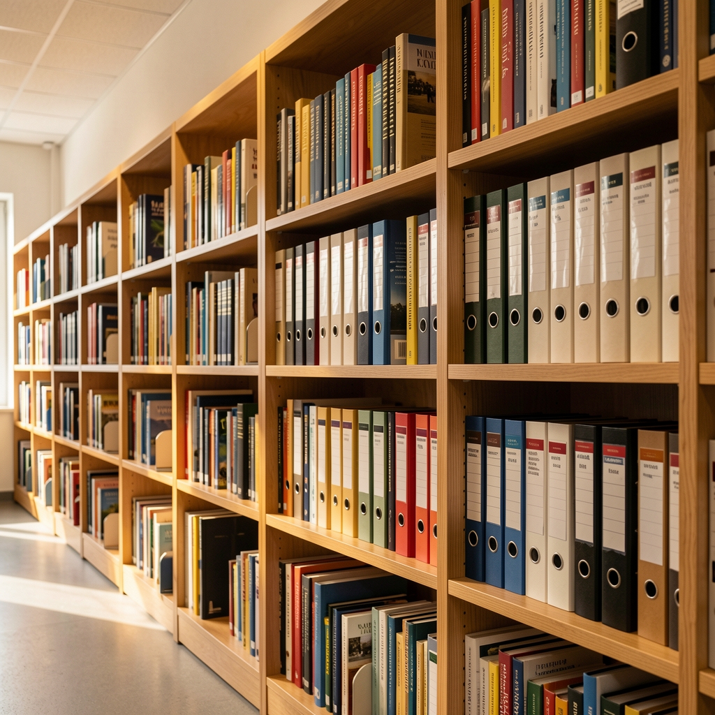 Reihen von Büchern und Archivordnern in einem modernen Bibliotheksregal, warmes Licht, dokumentarische Stimmung