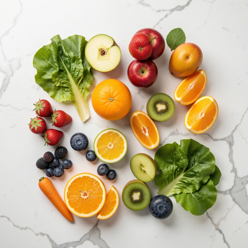 Geometrisch angeordnete frische Früchte und Gemüse auf einer hellen Steinoberfläche, saubere dokumentarische Studioaufnahme von oben