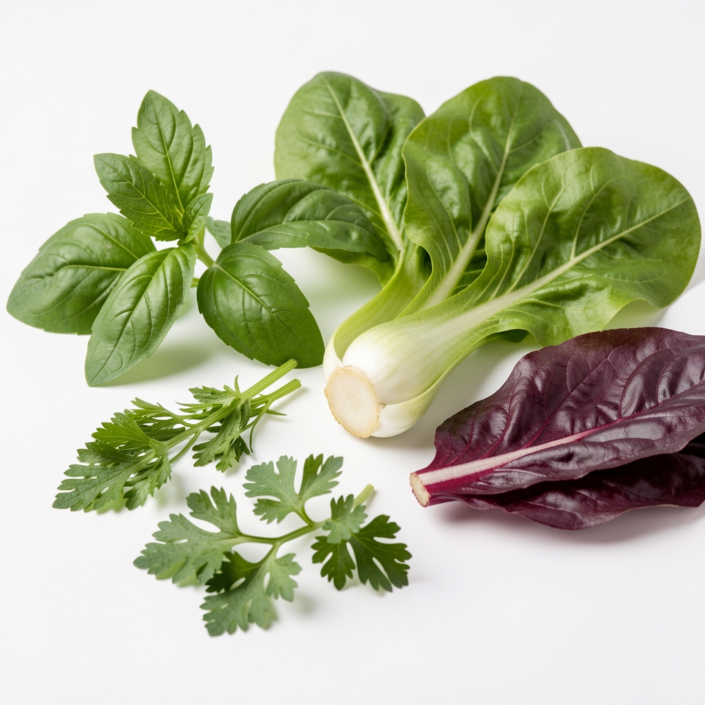 Makroaufnahme verschiedener frischer Kräuter und Blattgemüse auf weißem Hintergrund, scharfe Studiofotografie mit neutralem Licht