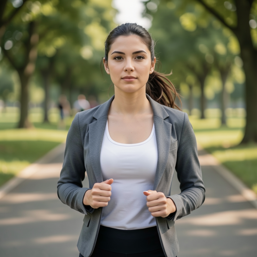 Zwei Personen beim ruhigen Laufen auf einem asphaltierten Weg in einem Park, natürliches Tageslicht, nicht inszenierter dokumentarischer Stil