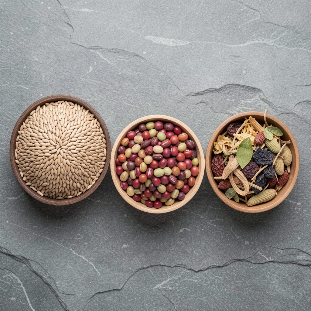 Verschiedene landestypische Gerichte in kleinen Schälchen auf einem Holztisch, Nahaufnahme von Speisenzubereitungen verschiedener Kulturen