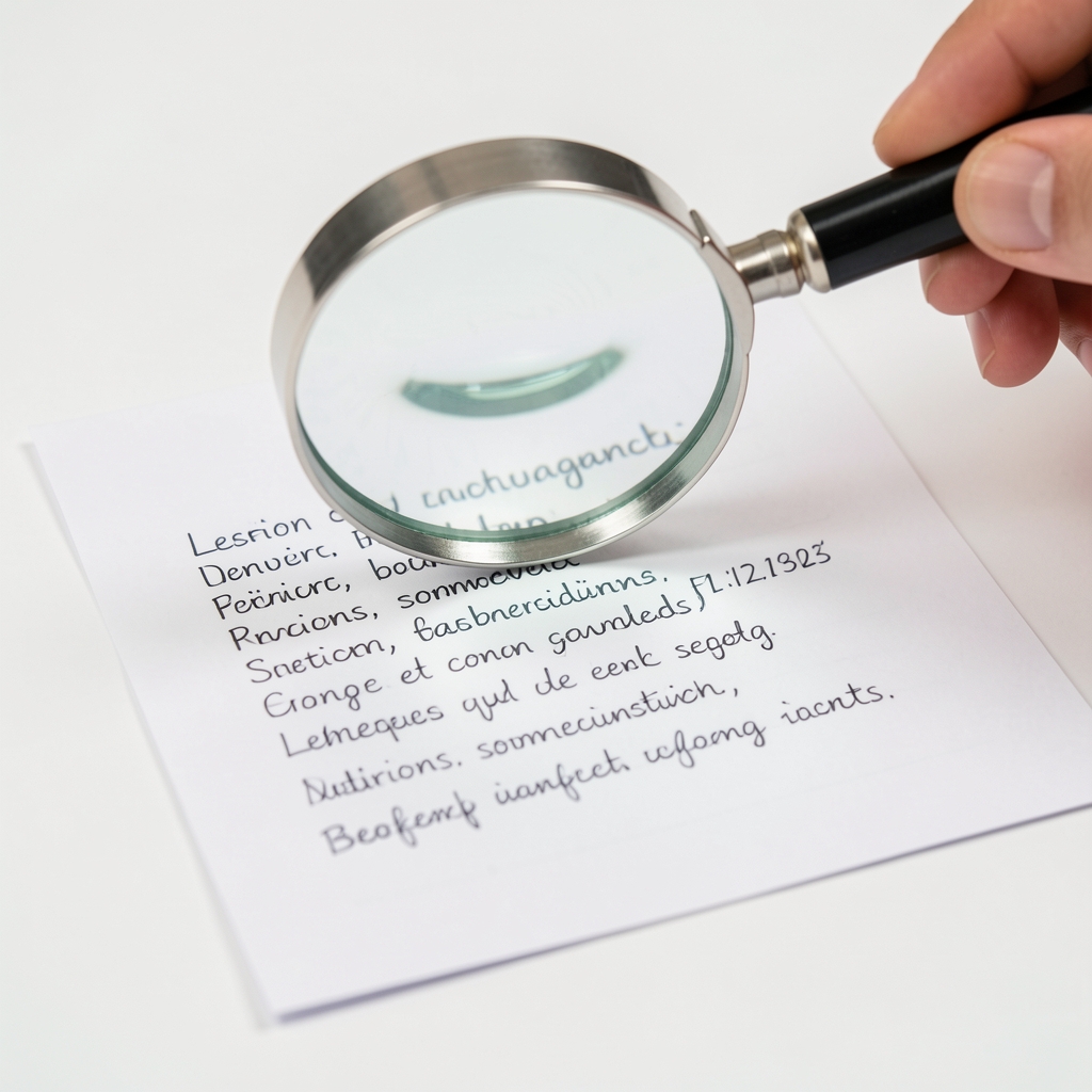 Vergrößerungsglas über einer handgeschriebenen Liste von Lebensmitteln, analytische Untersuchungsatmosphäre auf weißem Hintergrund