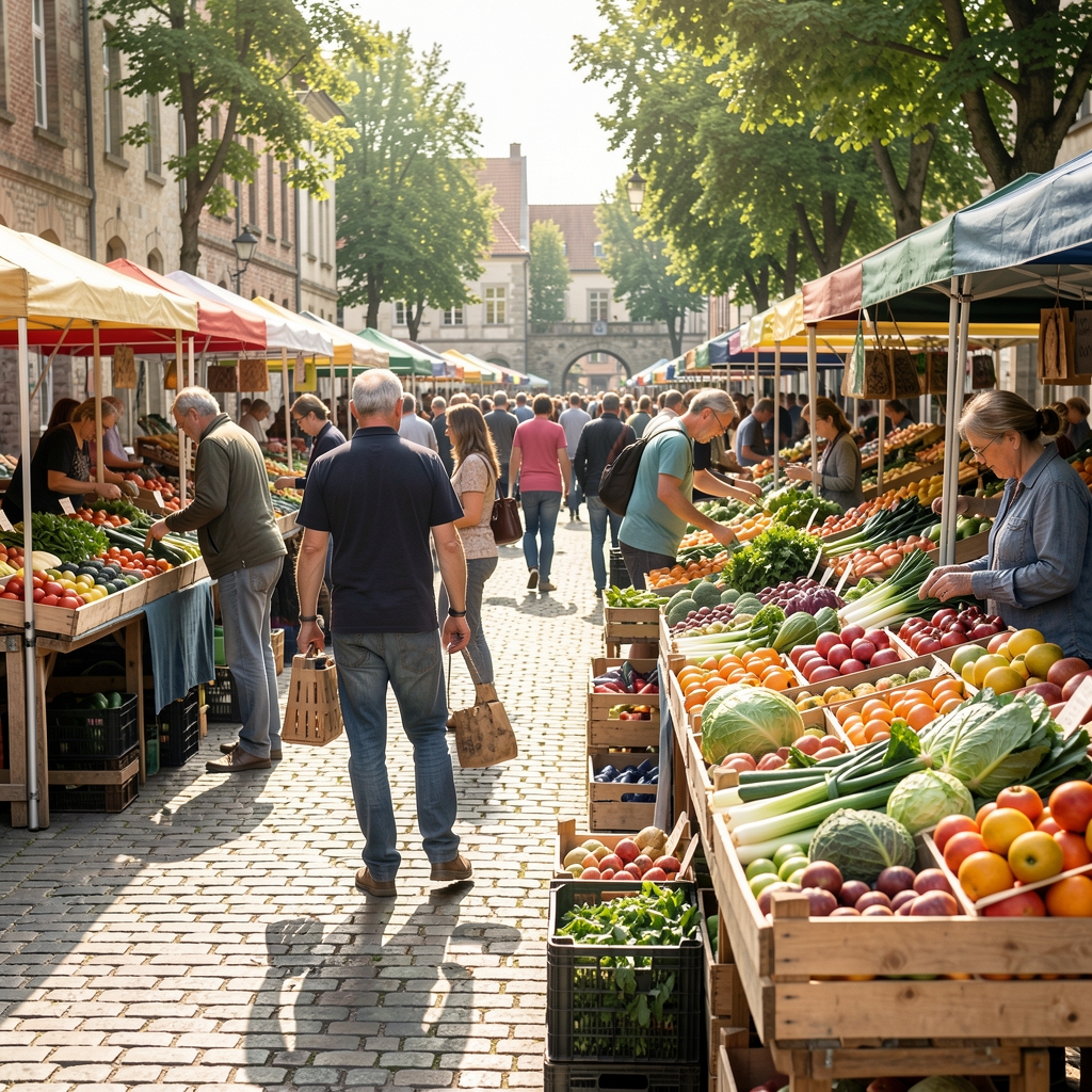 Weitläufiger Wochenmarkt im Freien mit frischem Gemüse und Obst in Holzkisten, Menschen beim ruhigen Einkaufen an einem sonnigen Tag